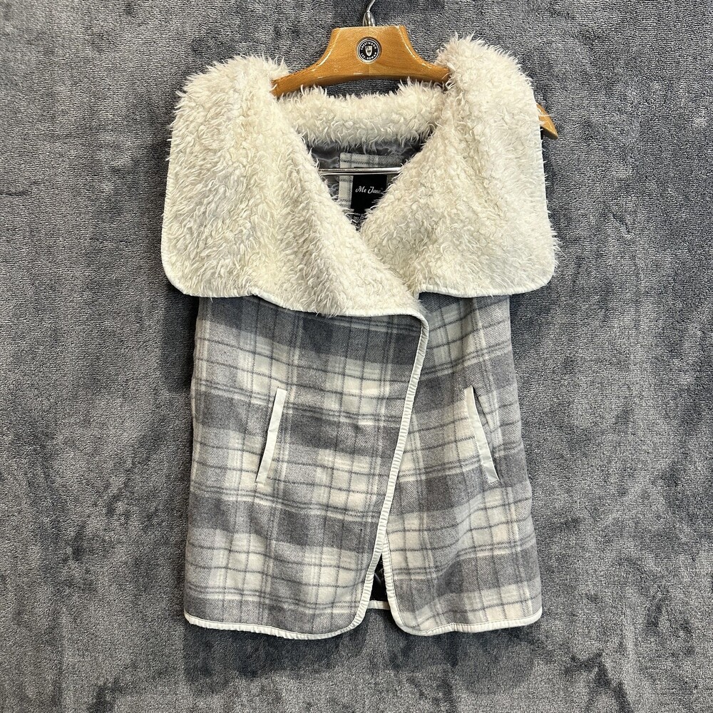 Me Jane Vest Womens Small Gray Plaid Faux Sherpa Collar Open Front Lined Cozy